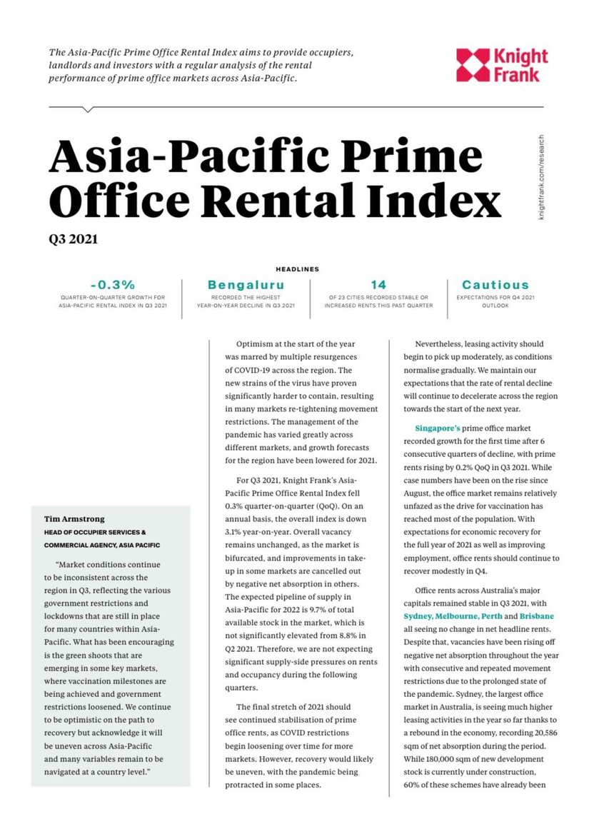 Asia Pasific Prime Office Rental Index Q3 2021 | KF Map Indonesia Property, Infrastructure